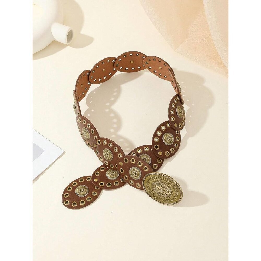 Women's Wide Western Disc Belt Vintage Cowgirl Concho Leather Belts Boho Style - Picture 6 of 6